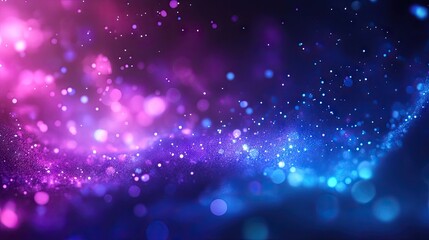 Neon glitter background. Grain texture. Defocused sparkles. Bokeh glow. Fluorescent blue magenta pink color gradient light shimmering sequin pattern. Abstract modern Purple Glitter Background.