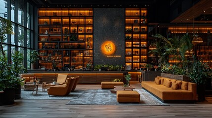 Modern hotel lobby with warm tones and lush greenery