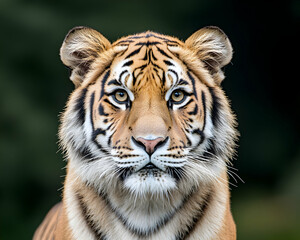 Naklejka premium Majestic tiger portrait, intense gaze, orange and black stripes, close-up view