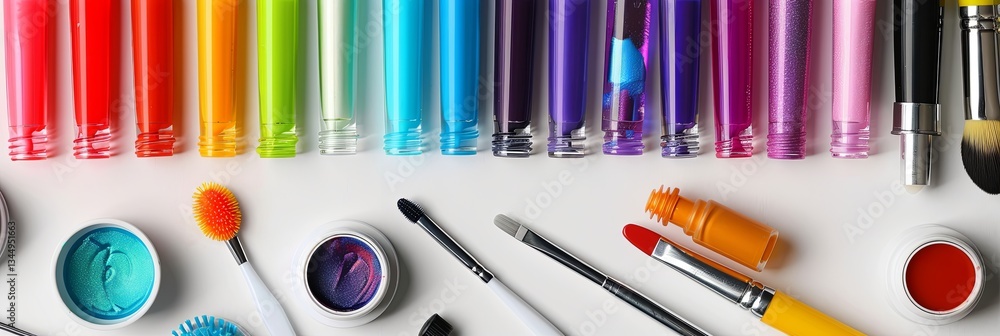 Poster vibrant nail polish collection and manicure tools arranged neatly on a light background for a beauty