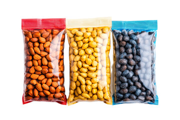 Variety of nuts packed in transparent bags for healthy snacking