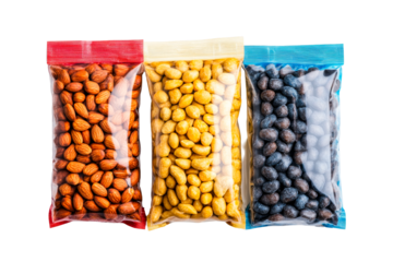 Variety of nuts packed in transparent bags for healthy snacking