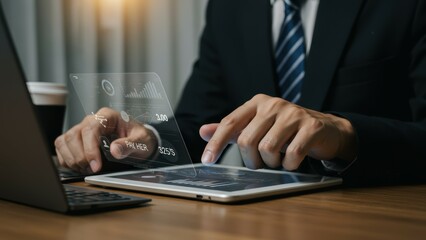 Asian businessman using tablet in modern office Engaging with digital data visualization for financial analysis and business growth Themes: innovation, productivity