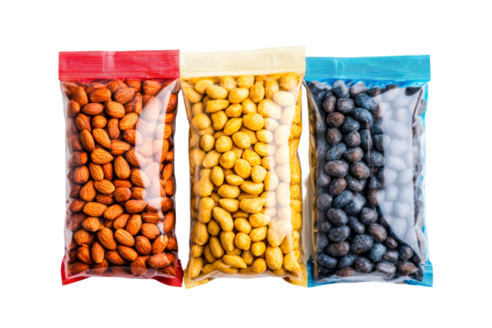 Variety of nuts packed in transparent bags for healthy snacking