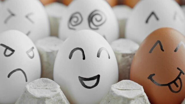 Chicken eggs in egg box carton. Funny faces on brown and white eggs. Happy easter concept. Dolly shot. Funny and interesting cartoon faces. Humor. 4K, UHD