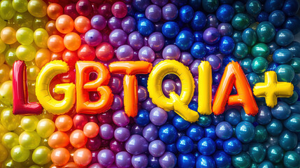 LGBTQIA+ Sign Formed Using Inflated Rainbow-Colored Balloons Against a Bright, Celebratory Backdrop Promoting Inclusivity