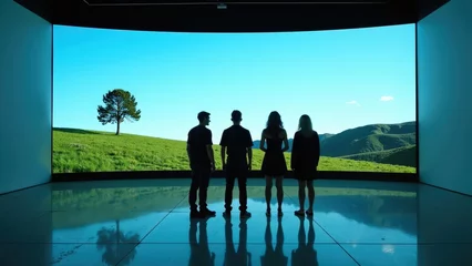 Fototapete Türkis Silhouettes of four young adults admiring a picturesque landscape displayed on a large screen in a modern setting.  © 3DLeonardo