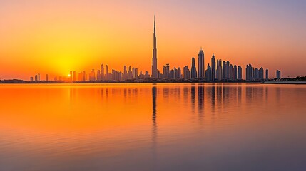 Dubai Skyline at Sunrise: A Golden Reflection