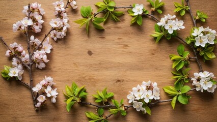 Cherry blossoms with green leaves arranged on a wooden surface Celebrates spring's beauty, renewal, and joys of nature