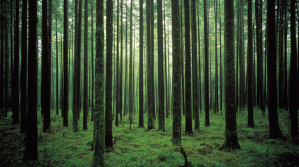 Fototapeta premium Dense Forest with Tall Coniferous Trees, Rough Bark-Covered Trunks, and Vibrant Green Moss on the Forest Floor, Sunlight Filtering Through the Canopy