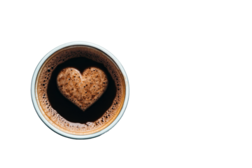 Coffee cup with heart shaped foam design on transparent background