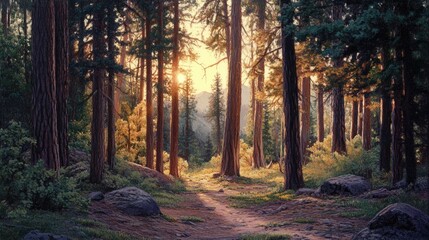 Naklejka premium Serene Forest Pathway at Dawn with Soft Sunlight Filtering through Tall Trees and Lush Greenery