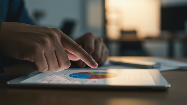 Adult male businessman of Asian descent using tablet analyzing data in modern office Focus on technology and business analysis