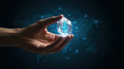 Male adult holding glowing gemstone over digital map Represents technology, data, connectivity, innovation, and globalization
