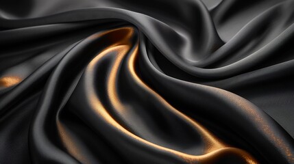 Fototapeta premium Luxurious black silk fabric soft gold highlights smooth folds and ample copy space for elegant branding