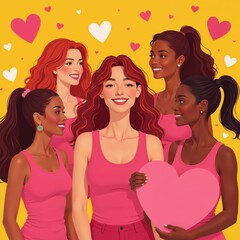 Diverse group of smiling women holding a large heart, cheerful illustration perfect for Valentine's Day or friendship themes.
