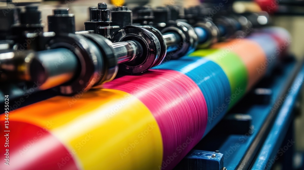Poster industrial machine processing colorful material with rollers and blue frame. it can illustrate manuf