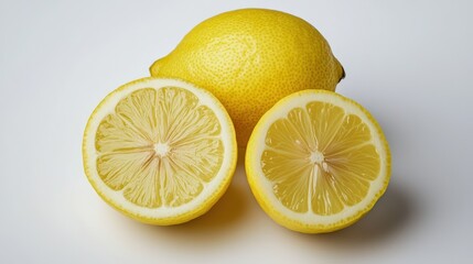 A fresh lemon and two halves, showcasing its juicy interior and vibrant yellow color on a light background.