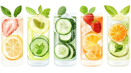  A set of four glasses, each filled with various fruit and vegetables including lemon, strawberries, cucumbers, and mint