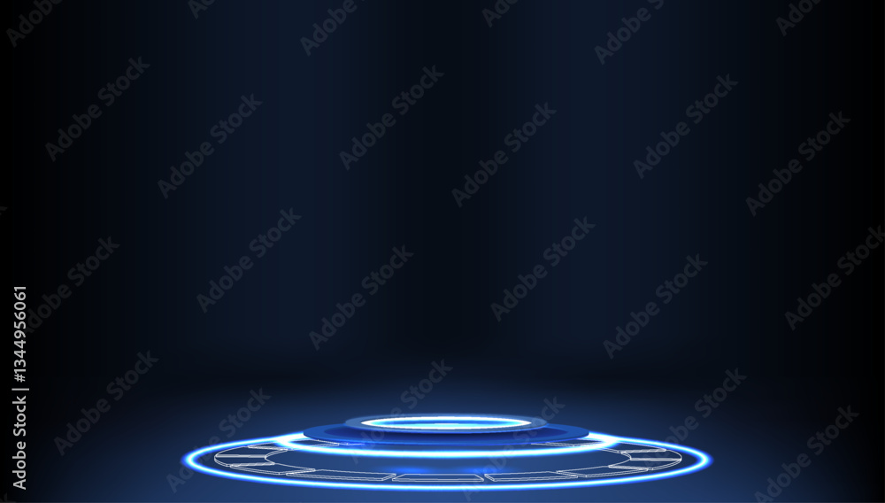 Poster futuristic glowing platform against a dark background in a digital universe setting with blue light 
