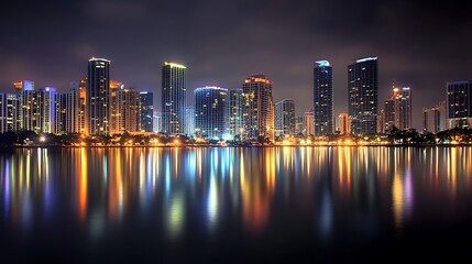 Naklejka premium Night Lights of Miami Skyline Reflection