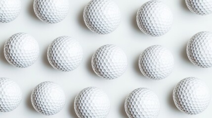 Fototapeta premium A close-up view of multiple white golf balls arranged in a grid pattern on a light background, emphasizing their textured surfaces.