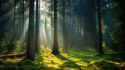 Obraz premium Dense Forest with Tall Coniferous Trees, Rough Bark-Covered Trunks, and Vibrant Green Moss on the Forest Floor, Sunlight Filtering Through the Canopy