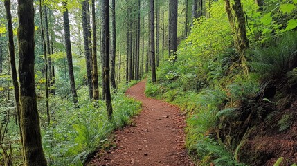 Serene Forest Trail Surrounded by Lush Greenery and Towering Trees in Pacific Northwest Nature
