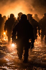 Fototapeta premium Soldiers marching through water at night with flashlights illuminating a dramatic backdrop