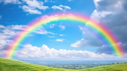 Naklejka premium Vivid Rainbow Arching Over Lush Green Valley Under Bright Sky