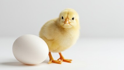 Yellow chick stands next to white egg on plain background Symbolizes new life and innocence Relevant for agriculture and sustainability themes