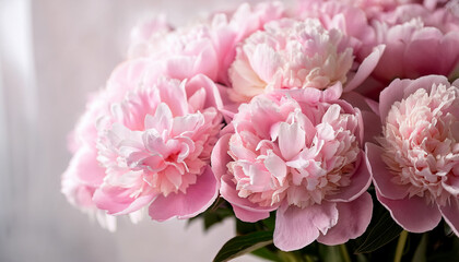 Bouquet of beautiful peonies. Pink peony flowers. Close-up of flower petals. Floral wallpaper. Delicate abstract floral pastel background. Greeting card. Generated AI