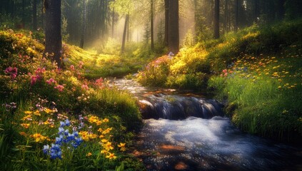 Obraz premium Forest stream, bright sunlight, colorful flowers