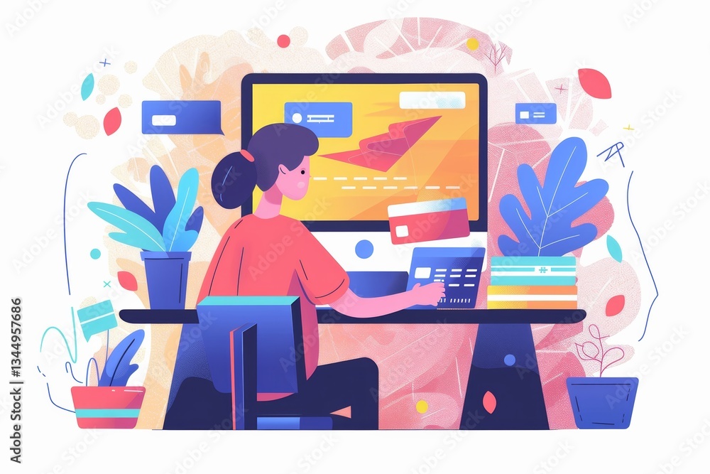 Leinwandbilder person making an online purchase with a credit card in a workspace setting filled with plants genera