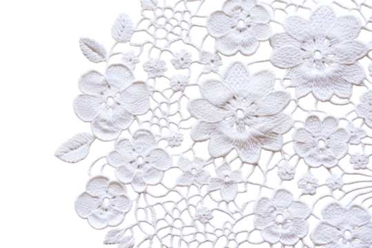Intricate white floral lace design on transparent background