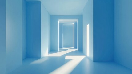 Abstract minimalist blue room with cubes forming a path leading to a light source