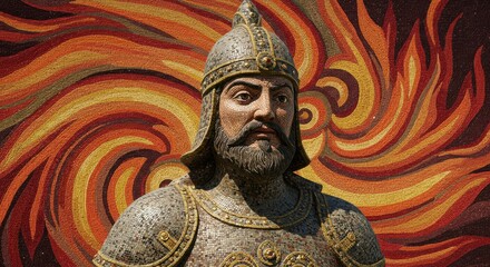 Obraz premium Ancient warrior with metallic armor and helmet featuring intricate details against a swirling fiery background representing power and strength