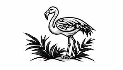 Fototapeta premium Monochrome flamingo illustration standing amidst tropical foliage