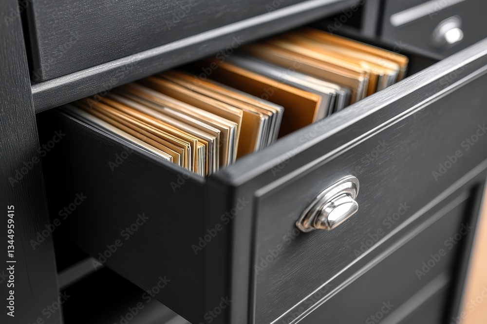Poster dark grey filing cabinet with an open drawer full of organized file folders. illustrates document ma