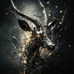 A metallic antelope head breaks apart into shattered fragments
