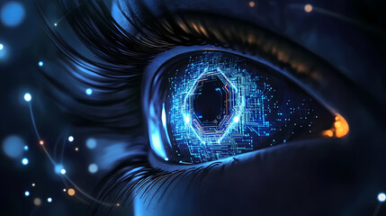 Sci-Fi Style Eye with Circuit Board Pattern and Glowing Hexagon
