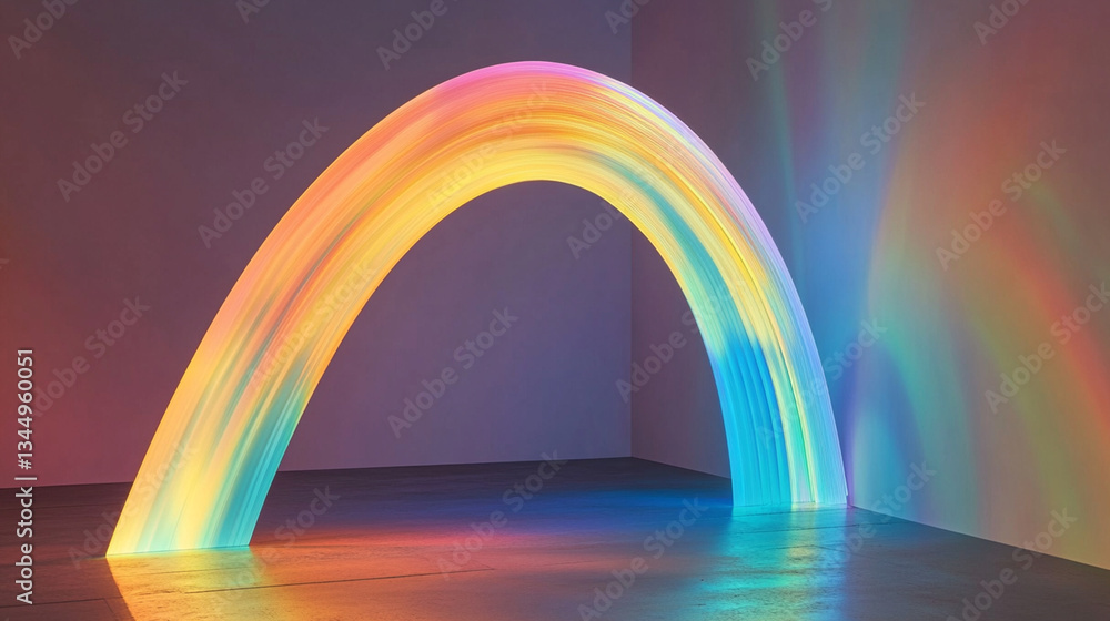 Poster vibrant illuminated rainbow arch in a minimalist gallery setting with soft ambient lighting effects