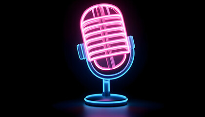 Neon pink and blue retro microphone on black background