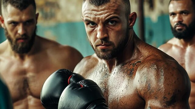 Two dedicated wrestlers engage in an intense practice session inside a gritty gym, showcasing their skills while wearing gloves. Sweat glistens on their determined faces.