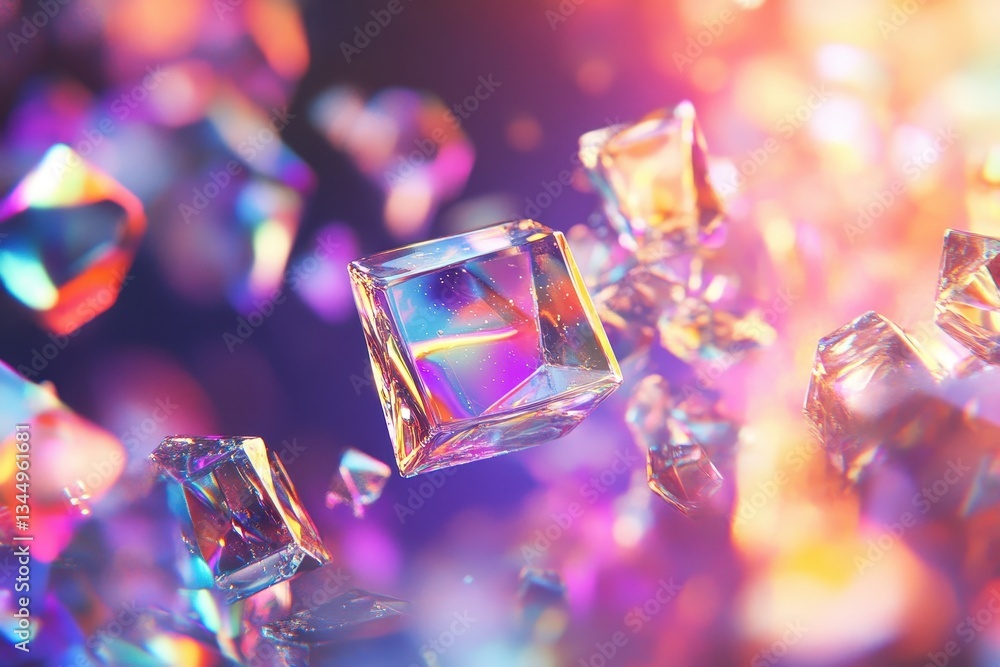 Poster floating iridescent crystals capture the light in a colorful display