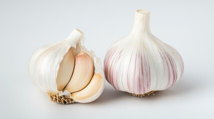 A bulb of garlic, split to reveal its cloves, showcasing its white and purple skin against a light background.