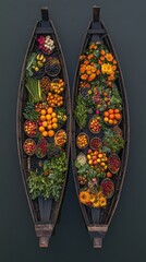 Two boats laden with vibrant fresh produce and flowers