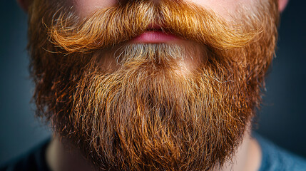 Red beard and moustache. Close-up of a well-groomed ginger beard and styled mustache against a dark background. Concept for masculinity, male grooming, facial hair styles, hipster culture, and beard c