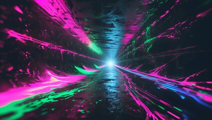 Neon corridor reflects light in an abstract tunnel, a vibrant perspective