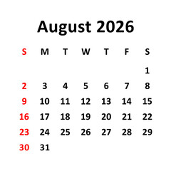 august 2026. Calendar with holydays or red dates. monthly calendar design with week starts on sunday. printable, simple, and clean vector design isolated on white background.